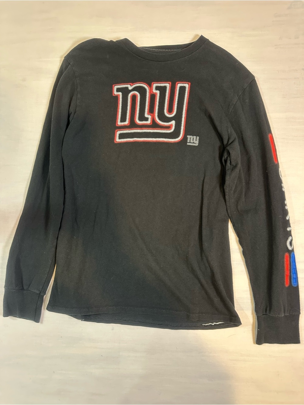 Majestic Black Long Sleeve NY Logo Crewneck with Red & White Accents